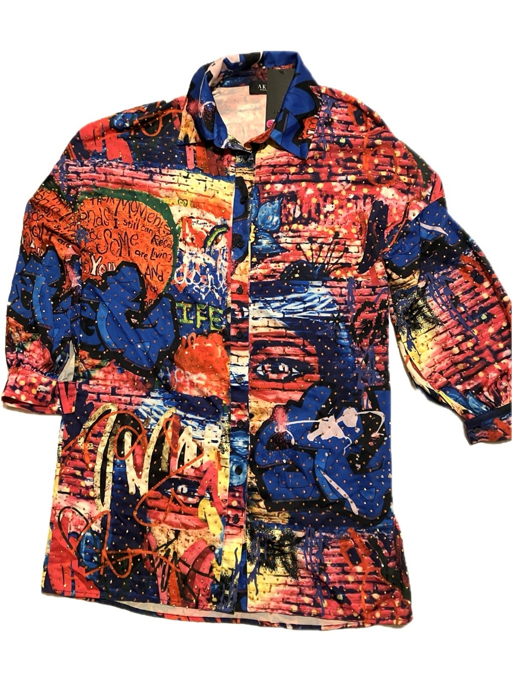 NWT AKIRA Label Artsy Graffiti Oversized Button Down Top Shirt Multicolor S